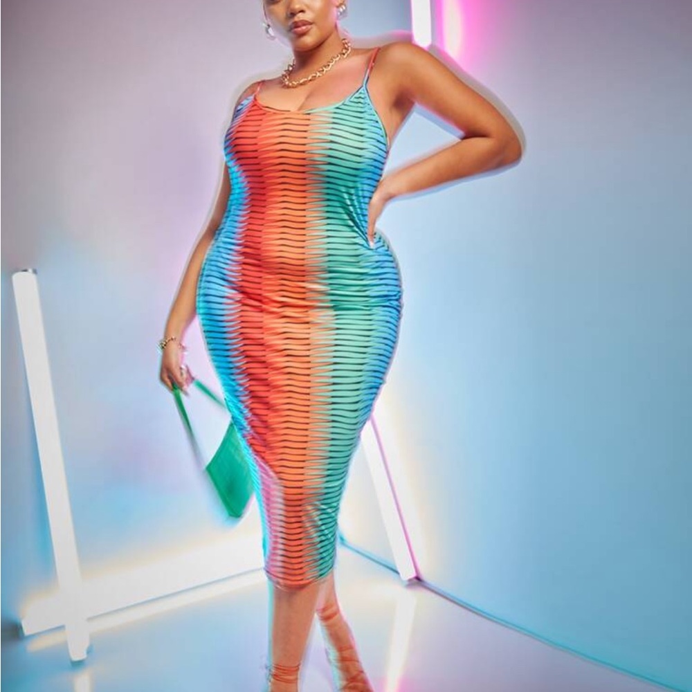 Orange and Blue Bodycon Midi Dress Spaghetti Strap Night Out